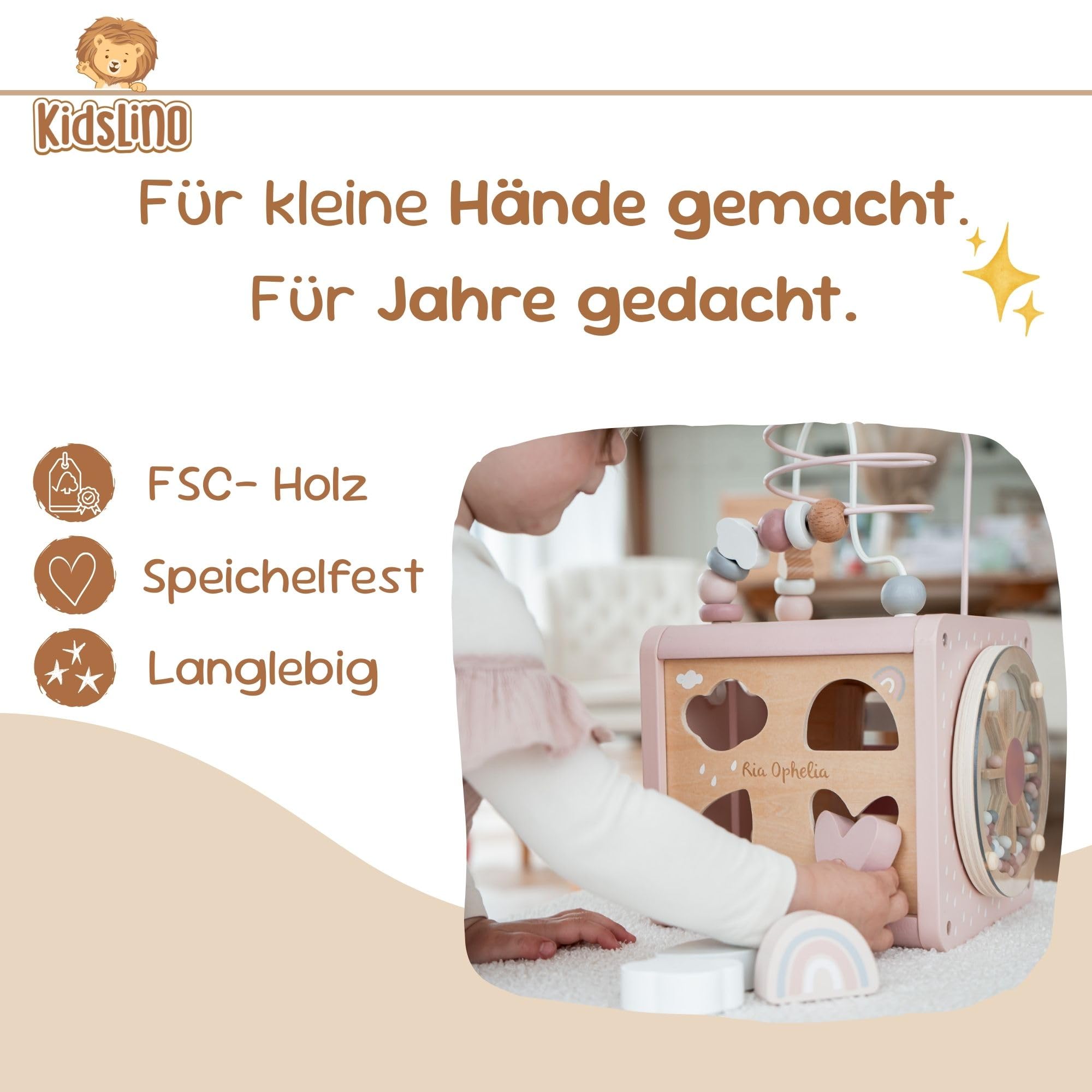 Motorikwürfel aus Holz personalisiert – Rosa – Spielzeug ab 12 Monate – Geschenk für Babys & Kleinkinder