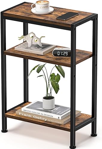Mesa auxiliar estrecha para espacios pequeños, mesa auxiliar pequeña de 3 niveles con soporte para estantes, mesita de noche delgada, mesa de sofá