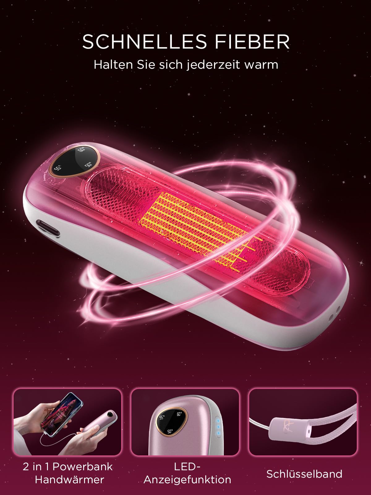 Funme ogrzewacz do rąk, elektryczny ogrzewacz do rąk, 10000 mAh, OT95, 2 sztuki, USB, wielokrotnego użytku, z powerbankiem, 3 poziomy ciepła, maksymalnie 60 °C, przenośny ogrzewacz kieszonkowy dla