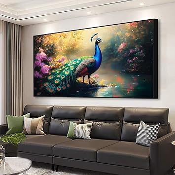 Peacock Canvas Wall Art, Floral Peacock Painting on Canvas, Teal Peacock Wall Decor, Bird Canvas Wall Art, Mystical Spirit Animals Wall Art, Modern Living Room Office Wall Decor Black Framed, 30"x17" | 76x43cm