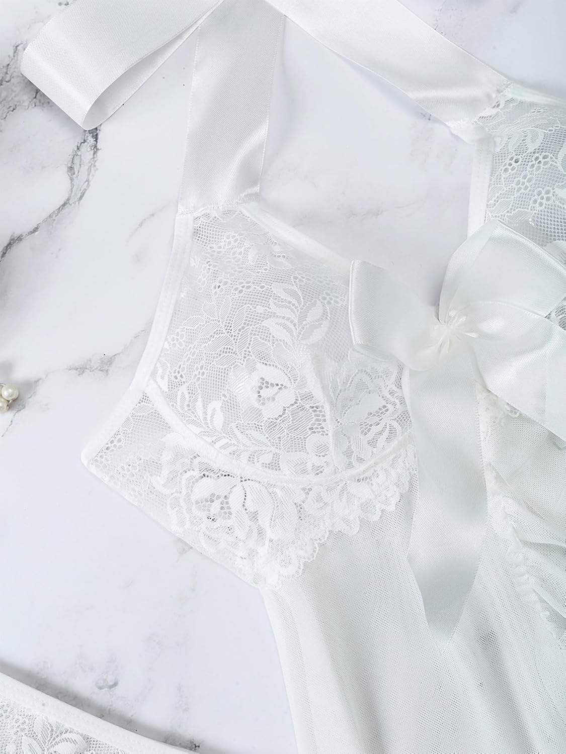 Sexy Halter Open Front Ruffle Sheer Mesh Lace Babydoll Lingerie Dress with Thong 2 Piece - Image 4