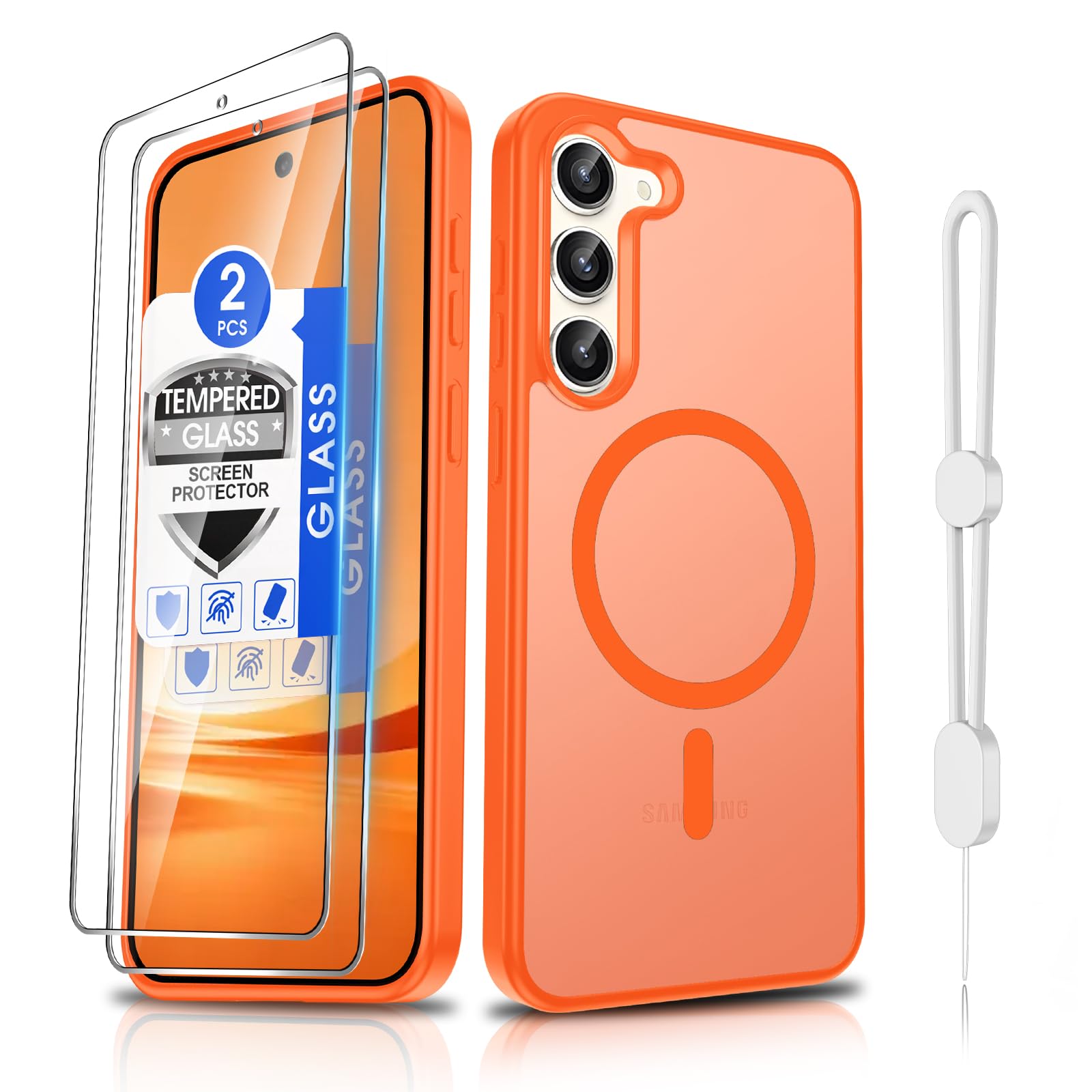 Dizn for Samsung Galaxy Phone Case with Tempered Glass Screen Protector, Wireless Charging Matte Translucent Soft-Touch &amp; Military-Grade Shockproof for Samsung Galaxy S23 Plus(6.6"),Orange