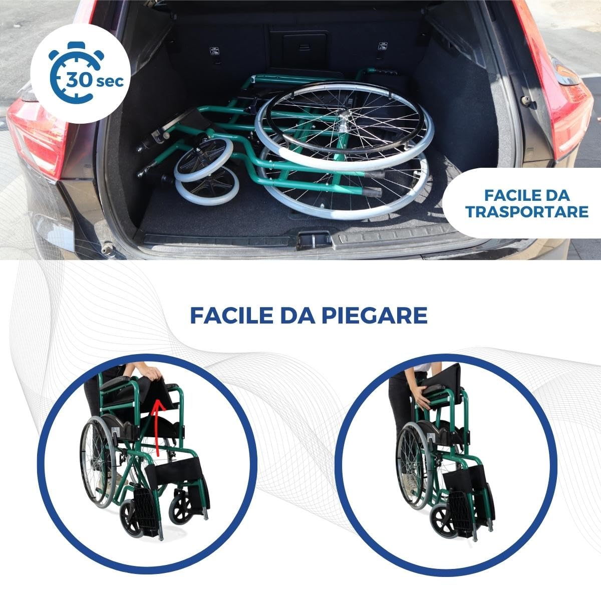 Mobiclinic®, Sedia a rotelle, Auto-propulsa, Carrozzina pieghevole, Alcazaba, Seduta 46 cm, Sistema per superare i cordoli, Braccioli imbottiti, Poggiapiedi ribaltabili, Leggera, Freno sulle ruote