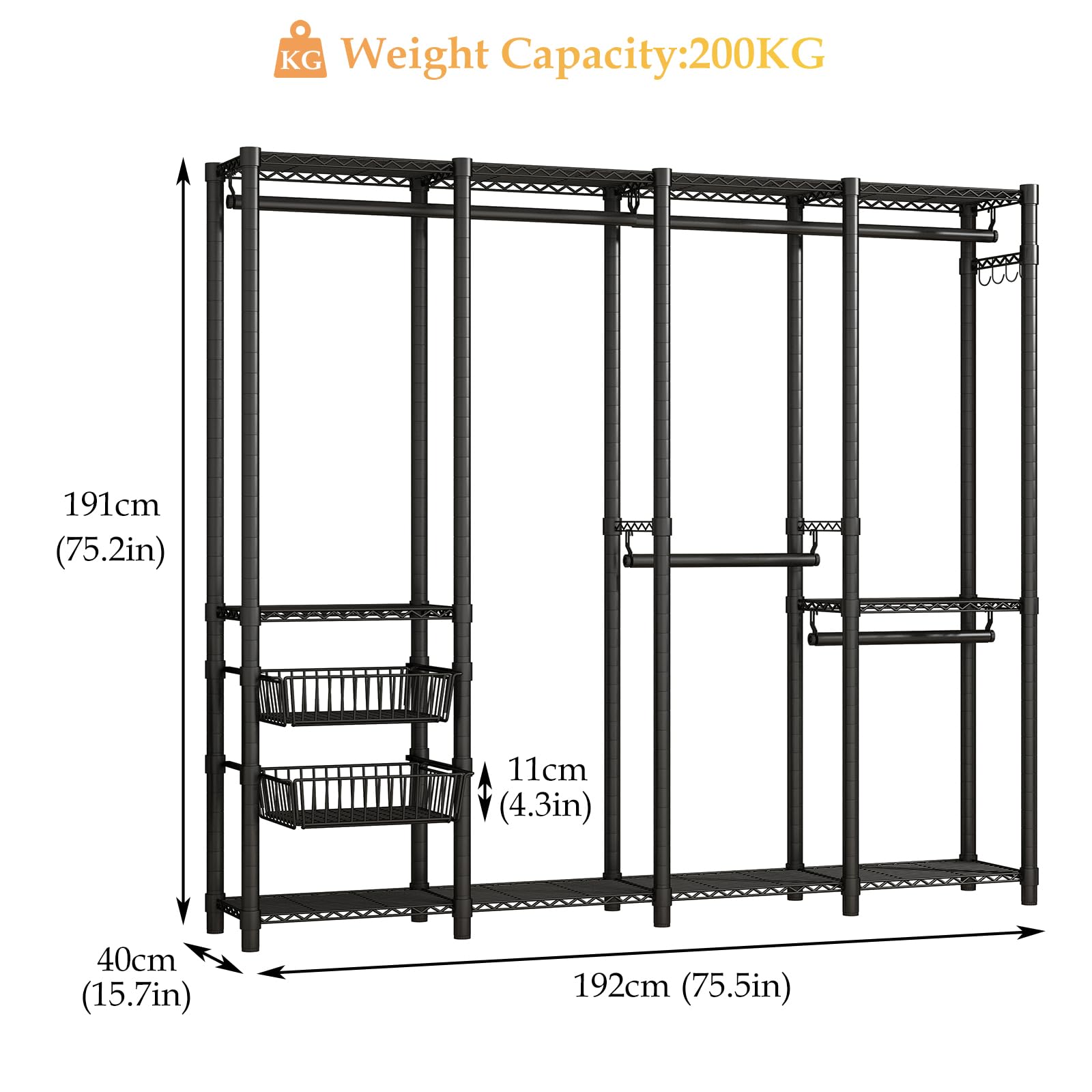 Appendiabiti con ripiani per scarpe e cestini, appendiabiti, scaffale regolabile fai da te, montaggio semplice, grande capacità di 192 x 40 x 191 cm per camera da letto
