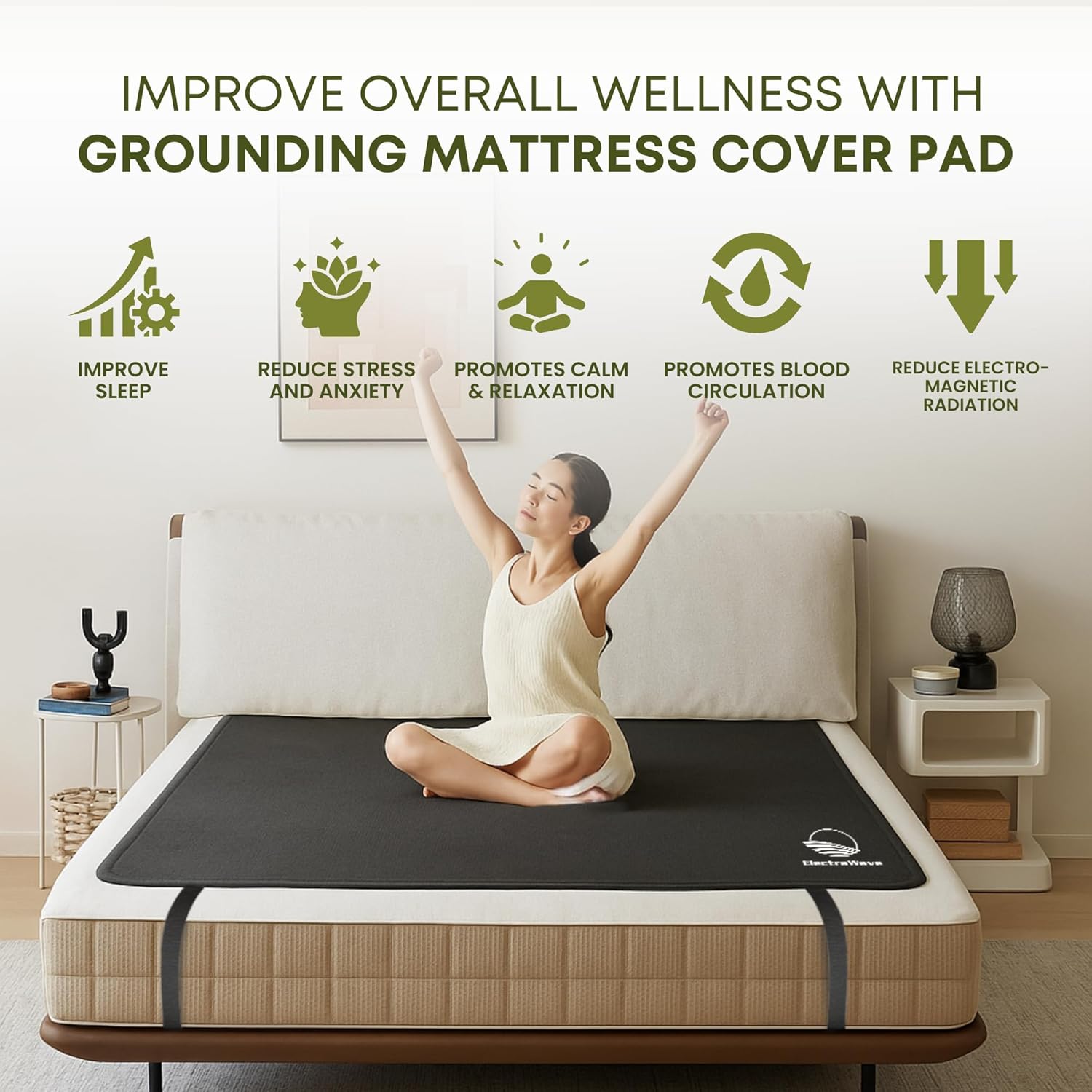 ELECTRAWAVE Grounding Mattress Cover Pad, Queen Size Earth Connected Conductive Carbon Leatherette Grounding Sheets for Better Sleep, Relieve Pain, Reduce Inflamation