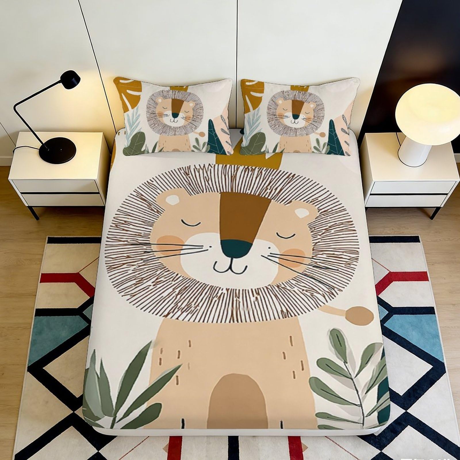 3D Printed Cartoon Lion Fitted Sheet Microfiber Soft Anti-Slip Jungle Animal Mattress Cover Bedroom Dorm Machine Washable Decor 140x200x25cm