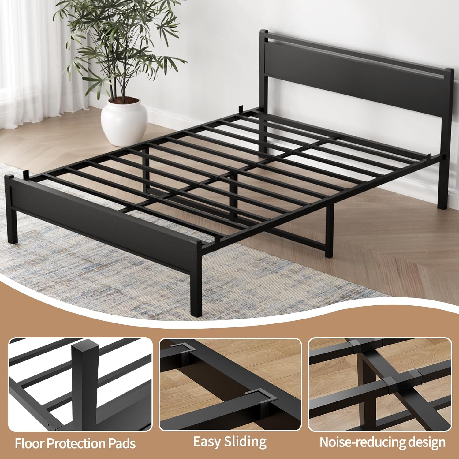 Easy Install 16 Inch Queen Size Bed Frame,Metal Platform Bed Frame with Wooden Headboard and Footboard,Mattress Foundation,Large Under Bed Storage,No Box Spring Needed,Non-Slip Without Noise,Black