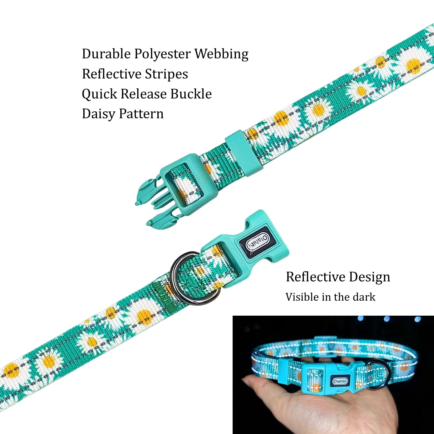 Olahibi Dog Collar and Leash Combo Set, Cute Daisy Pattern, Polyester Material, with Reflective Stripes, 150CM Leash - Image 4