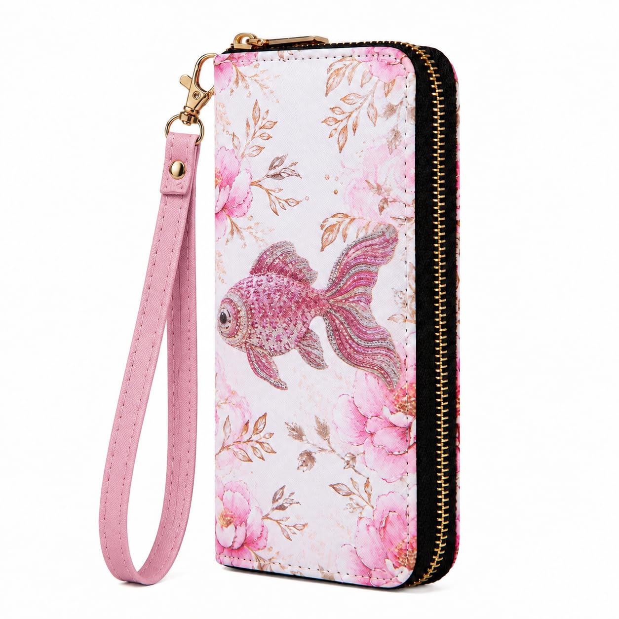 Goldfish Floral Wallet for Women, Kawaii Cute Fish Wristlet Purse