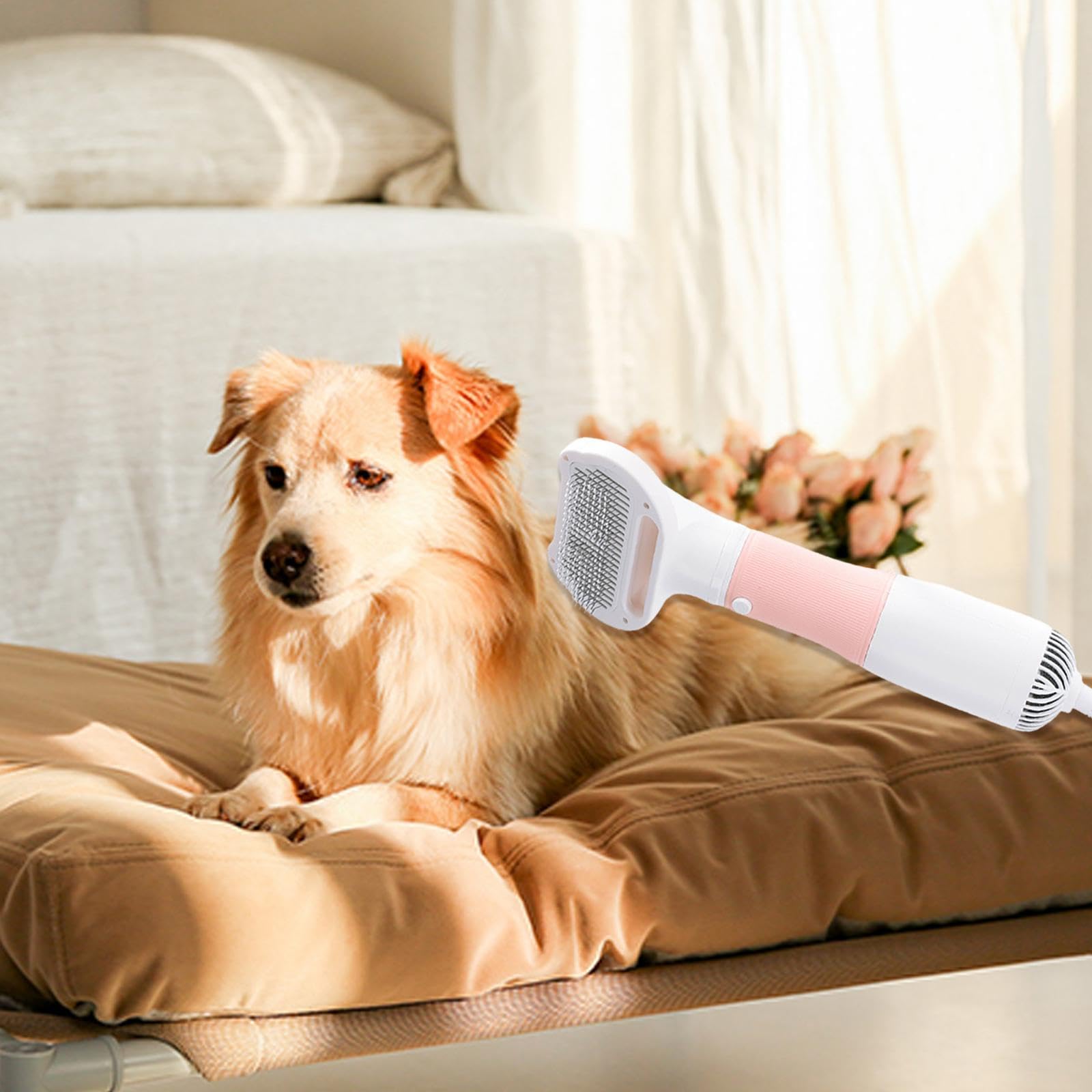1 Sèche-Cheveux pour Chiens Combinaison Brosse Lisseuse Séchage à Température Réglable Adapté Au Brosser Portatif Animaux de Compagnie Entretie, Rose