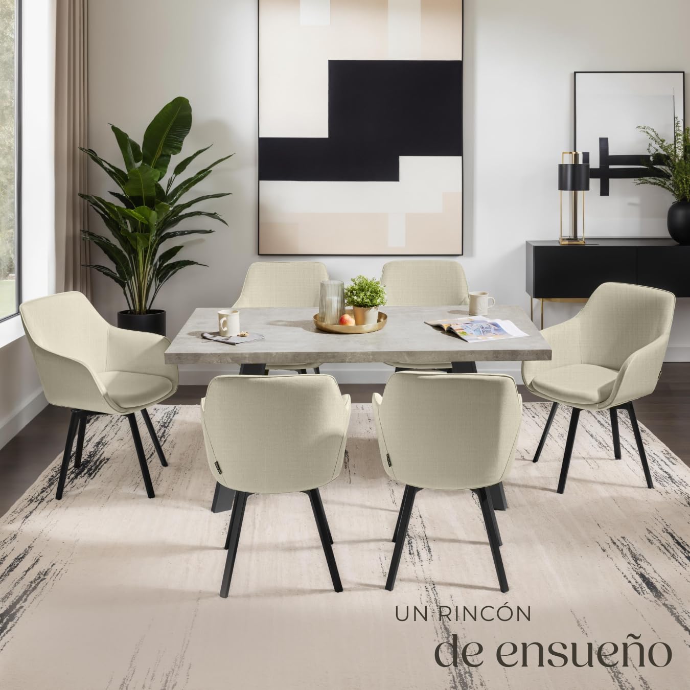 tectake® Silla Giratoria con Reposabrazos, Tapizada y con Acolchado de Alta Densidad, Patas de Acero 360°, Antideslizante, Montaje Rápido, Ideal para Comedor, Cocina y Dormitorio - 4 Sillas Beige