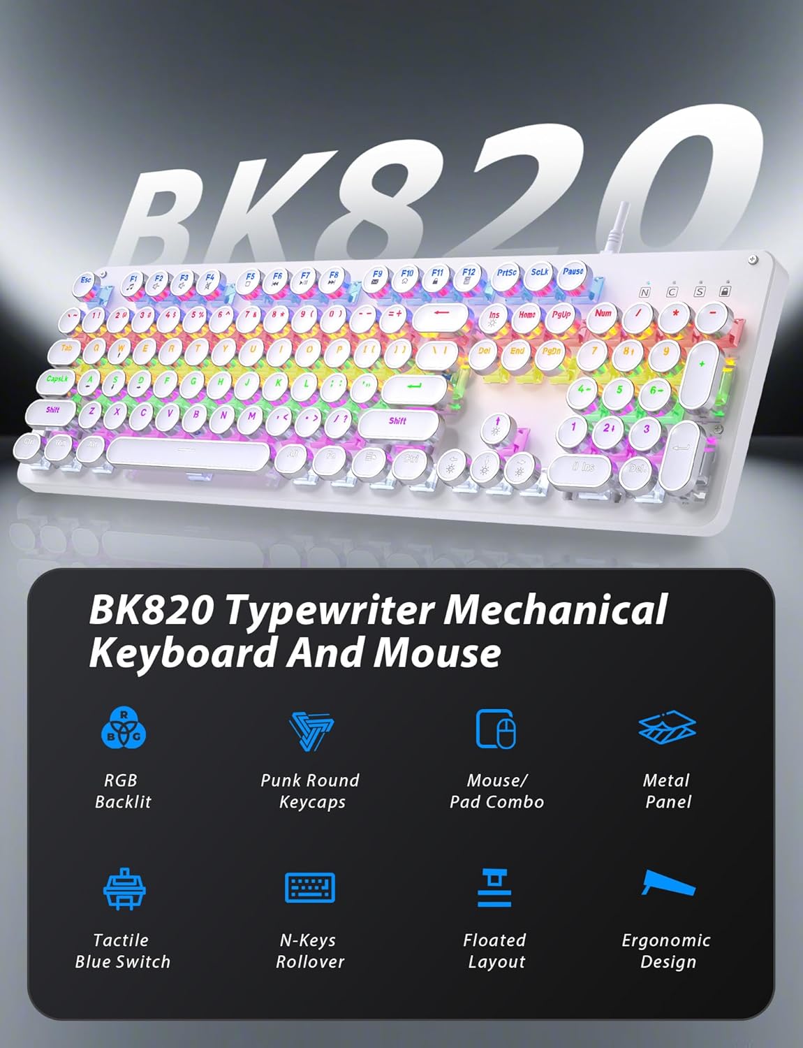 Typewriter Mechanical Gaming Keyboard and Mouse, 104-Key Full Size Retro Keyboards Metal Panel Punk Round Keycap Clicky Blue Switch with RGB Backlit Mouse and Pad Combo for PC Laptop Mac Gamer, White