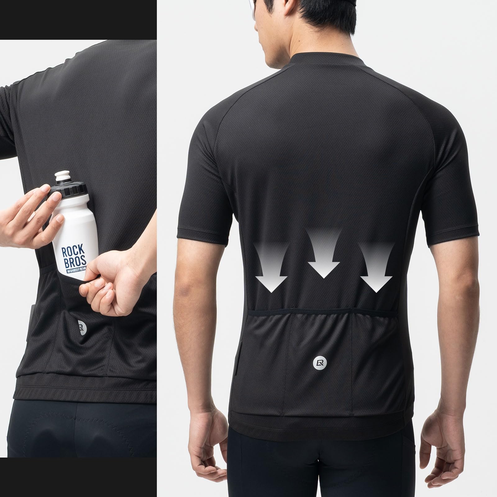ROCKBROS Maillot Cyclisme Homme, T-Shirt Cyclliste Manches Courtes VTT, Séchage Rapide Réfléchissant Vélo T-Shirt avec 3 Poches Arrière pour Velo de Route
