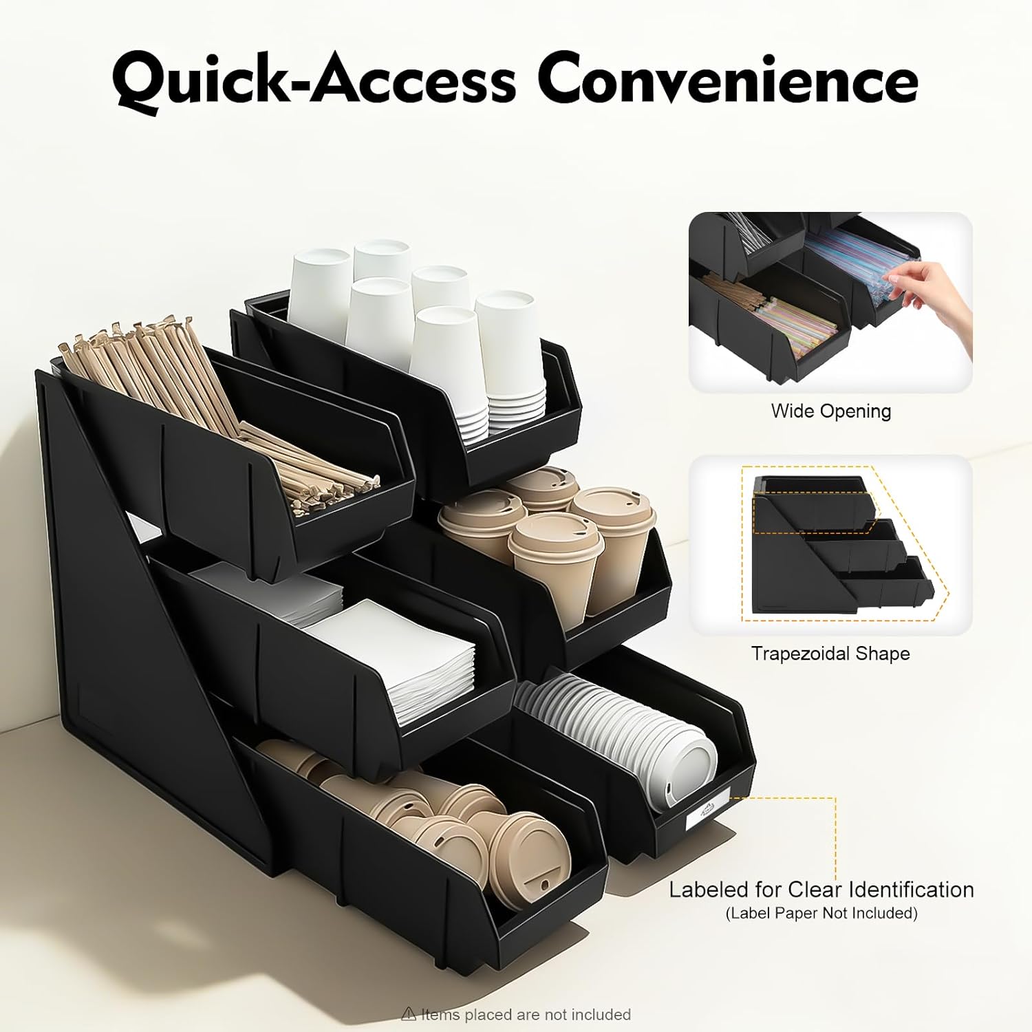 6 Compartments Serve Condiment Bin, 3-Tier Self Serve Countertop Organizer for Straws Napkins Scoops, Plastic Condiment Holder for Coffee Bar, Restaurant, Kitchen, Beverage Stations