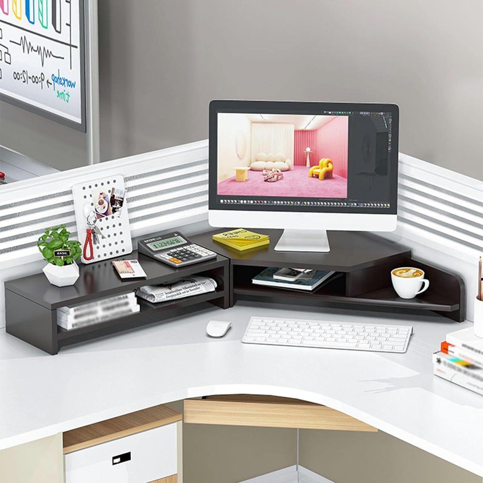 Support moniteur d'angle ergonomique de bureau à 2 niveaux avec porte-gobelet