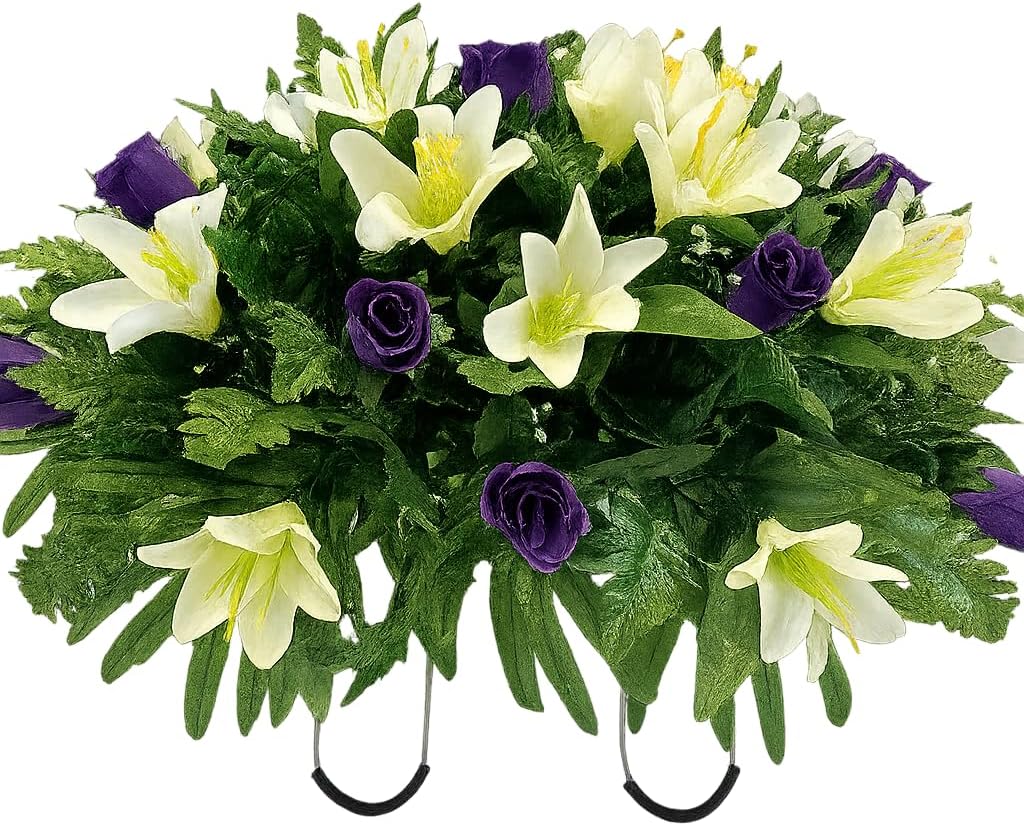 Spring or Easter Cemetery Flowers for Headstone and Grave Decoration-Purple Rose and Lily Mix Saddle