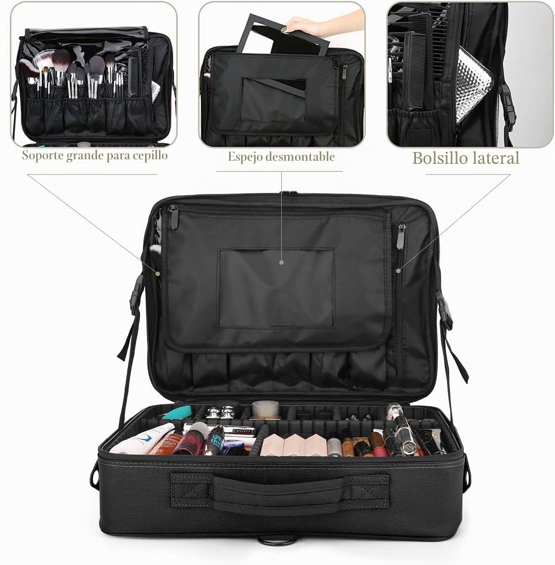 Luxspire Neceser Maquillaje con Divisor y Espejo para Mujer, Viaje Maletin Maquillaje Aseo Maleta Maquillaje Bolsa para Cosméticos, Organizador Estuche con Correa para Viaje Mujer, L - Negro