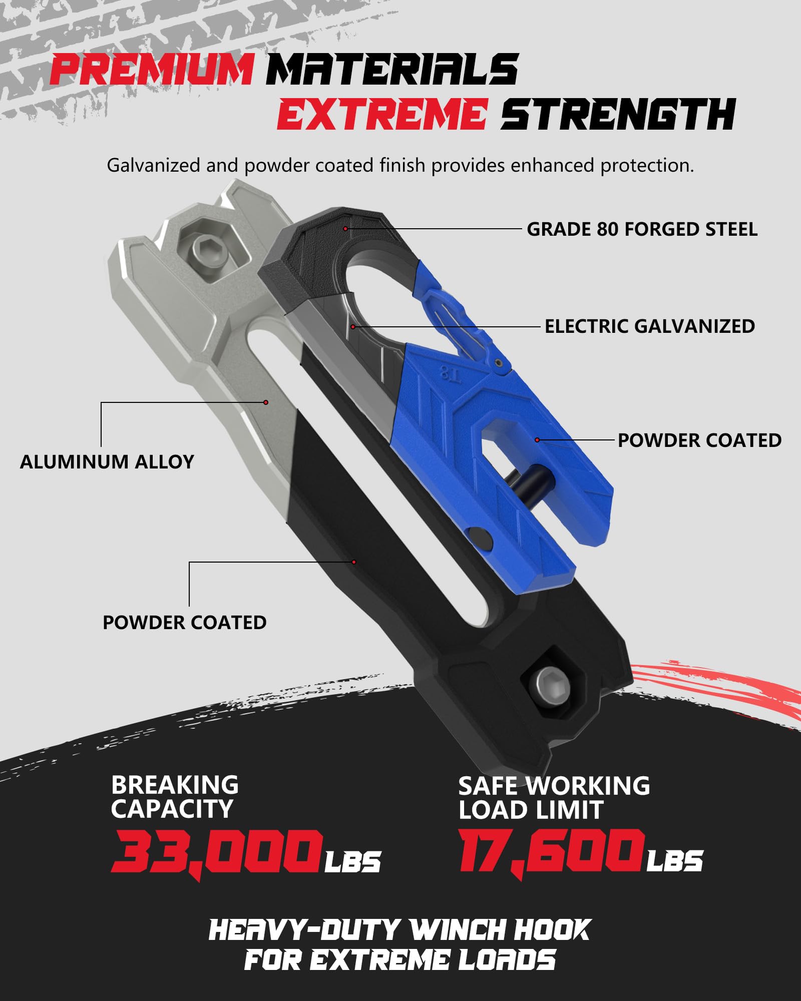 Winch Fairlead with Tow Hook, Aluminum Hawse Fairlead with Grade 80 Forged Steel Winch Hook, 33000lb Break Strength Winch Fairlead Hook Set for Off-Road Vehicle Recovery, BlackBlue