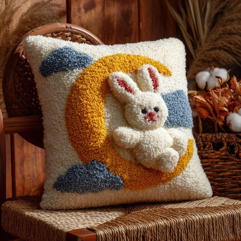Henypt Latch Hook Pillow Making Kit 43x43cm,Rabbit on the Moon Printed Canvas Needlework Set,Relaxing Handmade Craft for Home Bedroom Decoration