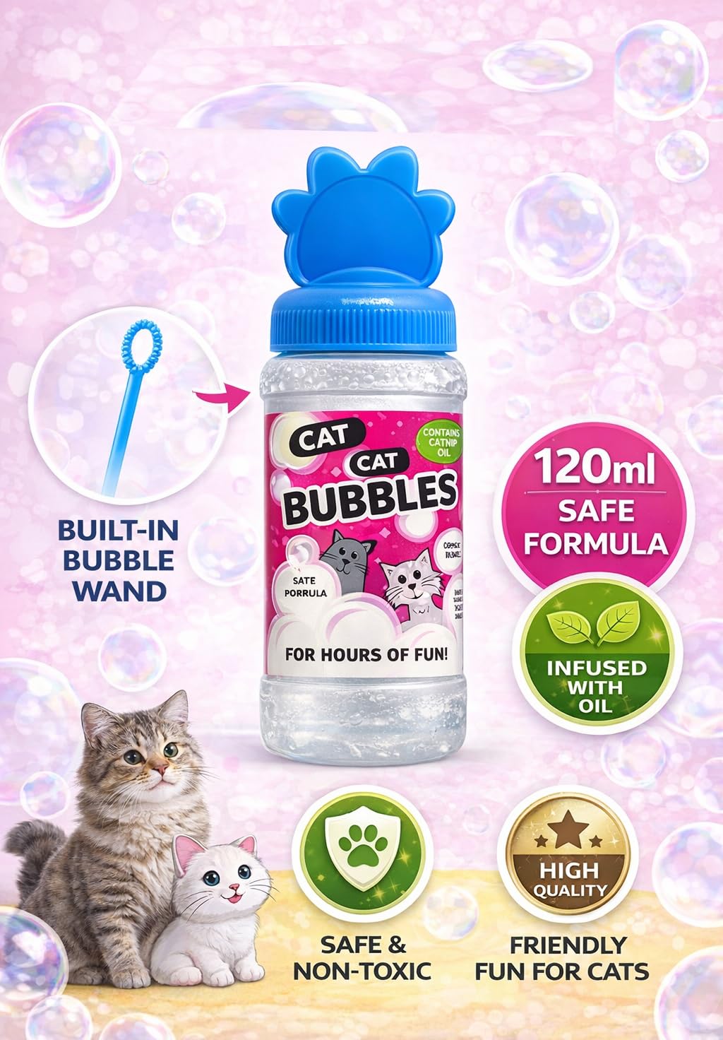 Pet Guru Bolle per gatti con olio di erba gatta, giocattolo sicuro e atossico per gatti, 120 ml, con bacchetta per bolle inclusa, tappo a forma di zampa (2)