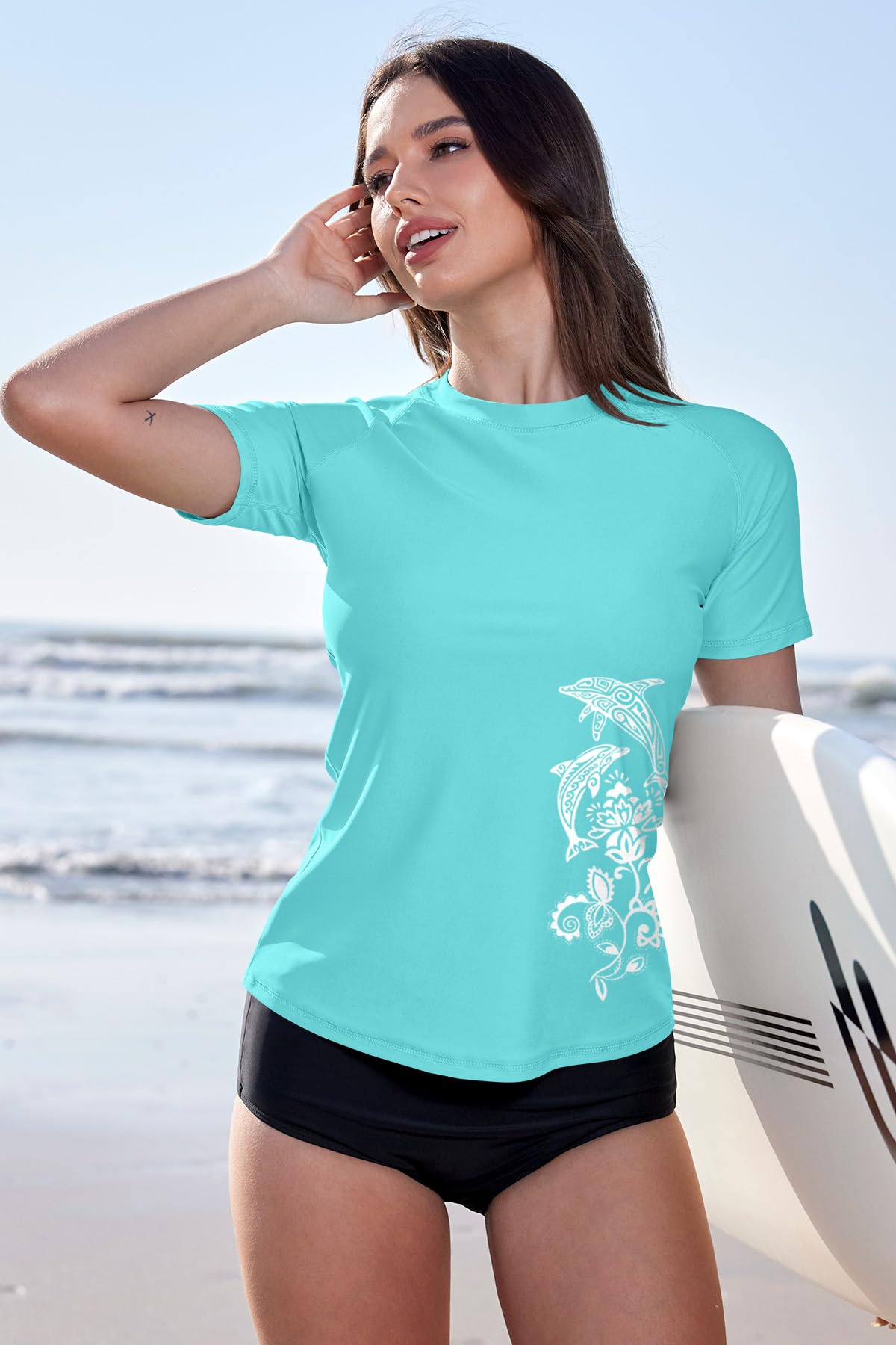 BesserBay Camiseta de manga corta Rash Guard para mujer, con bonitos estampados, con protección UV UPF 50+, tallas S-XXL, azul