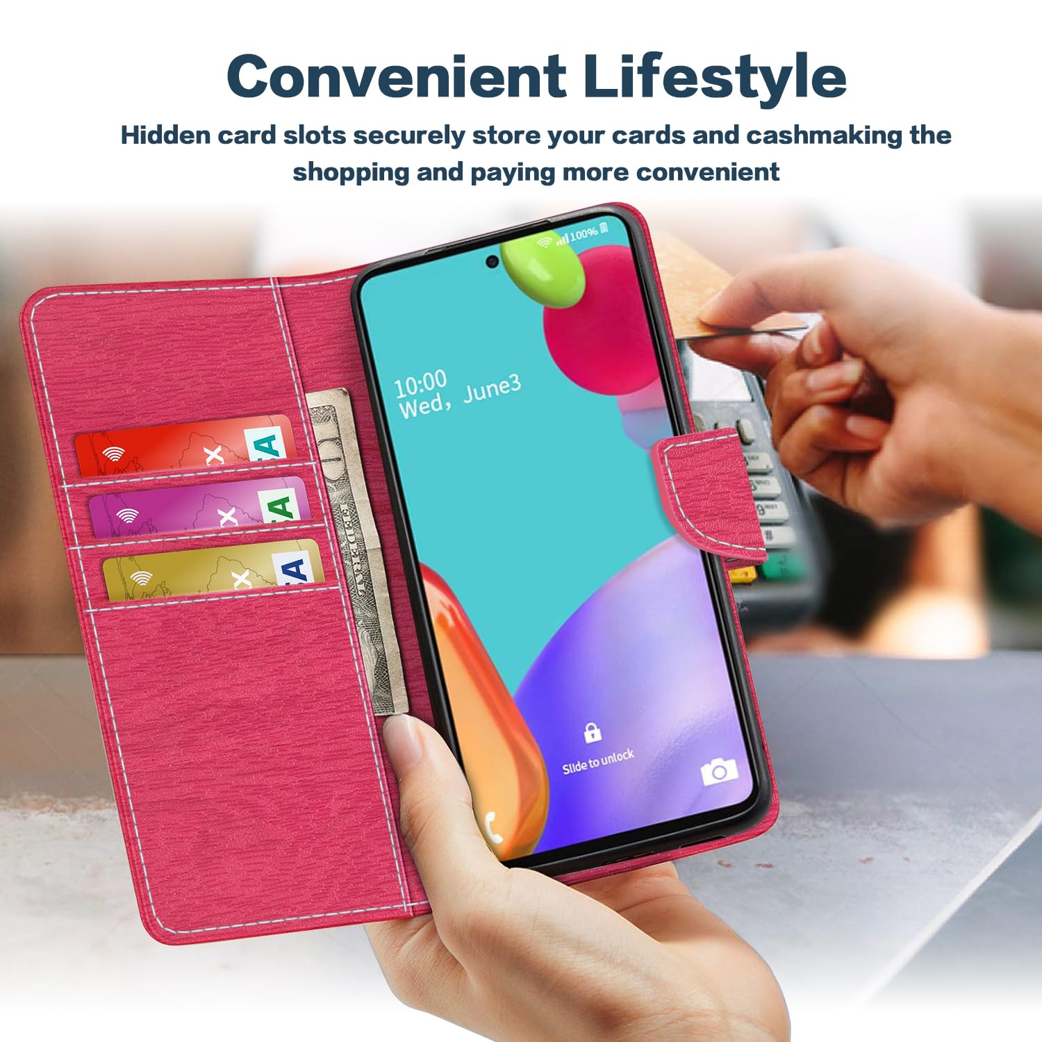 Custodia in Pelle PU a Righe Compatibile con Wiko Sunset 2, Cover Portafoglio con Chiusura Magnetica, Scomparti Carte e Funzione Stand (Rosso rosa