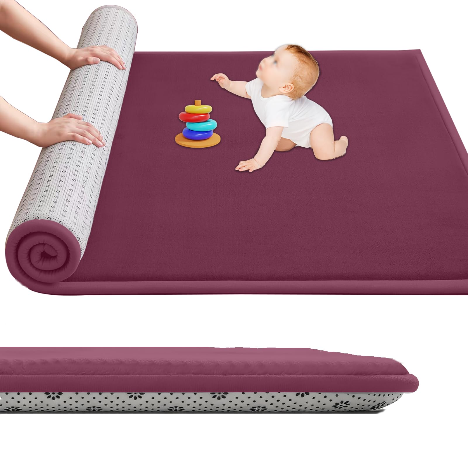 Large Nursery Carpets, Memory Foam Play Mat for Baby Non-Slip 3CM Thick 100 x 250 cm Children's Play Mat for Crawling Soft Play Tummy Time, Area Rug Playmat for Floor Living Room Tatami Dark Red