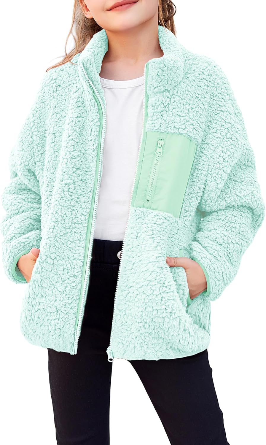 Arshiner Girls Fleece Jacket Sherpa Fall Winter Full Zip Fuzzy Coat Outwear with Pockets