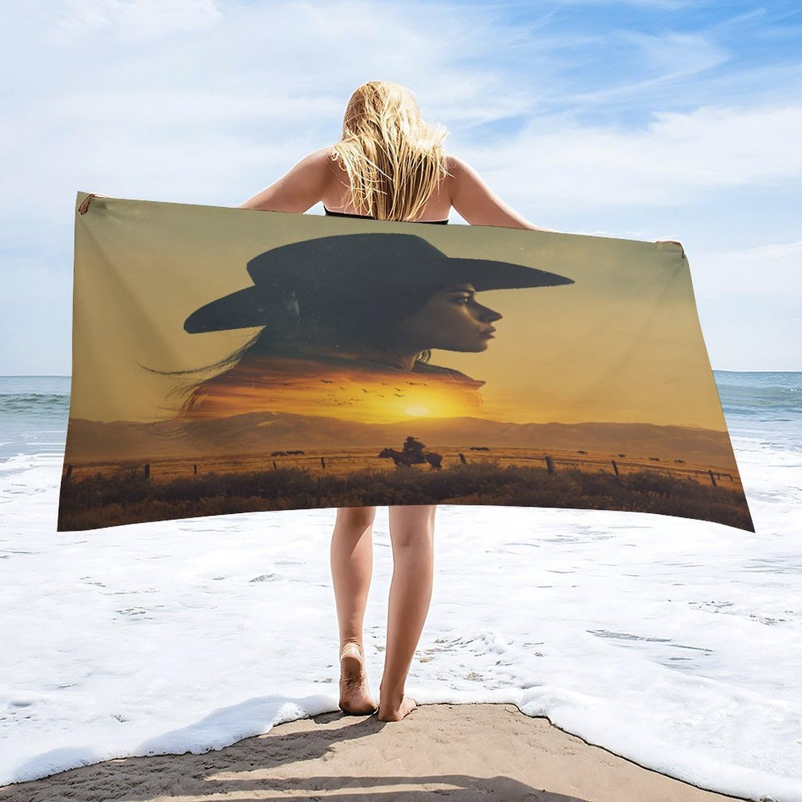 Luyysky Classic Western Cowgirl Silhouette Absorbent Beach Towel, Retro Oil Painting Sunset Cowboy Theme Animal Horse Bird Outdoor Single-Sided Velvet Beach Towel-80 W Cm X 160" L Cm