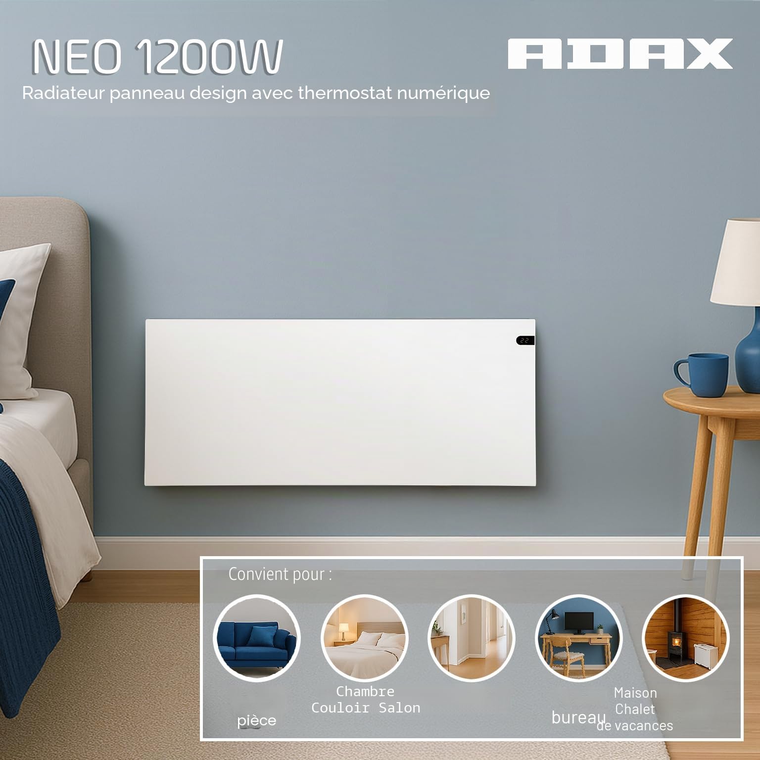Adax Neo NP - Radiateur Electrique 1200W | Chauffage Electrique | Faible Consommation d'Energie | Chauffage d'appoint | Convecteur Electrique Mural avec Thermostat | Hauteur 370mm | KDT Blanc