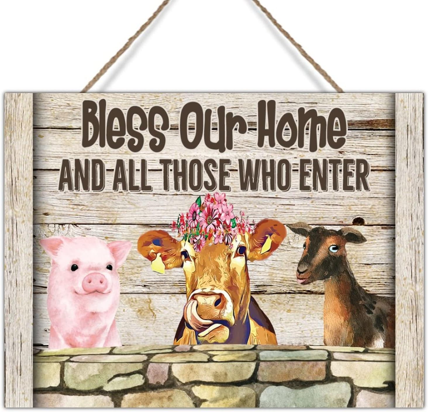 Rustic Sign Farmhouse Animal Pig Cow Sheep Wooden Door Hanging Signs Bless Our Home and All Those Who Enter Wood Decor Sign Entryway Front Porch Wall Decor 24x18in