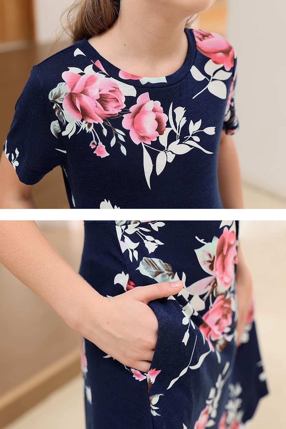 GORLYA Girls Short Sleeve Floral Print Casual Fit and Flare Party Dress with Pockets 4-12 Years - Image 5