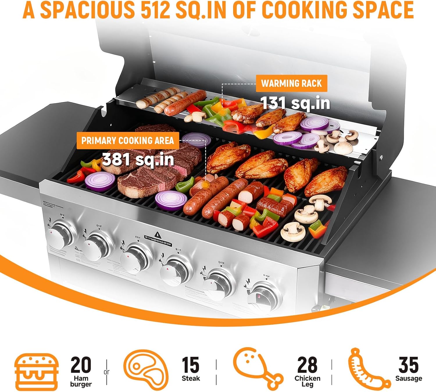 6-Burner Propane Gas Grill with 60000 BTU, Heavy Duty Cast Iron Cooking Grates Stainless Steel Warming Rack and Side Tables, BBQ Grill for Outdoor Backyard Cooking and Patio Parties, Black