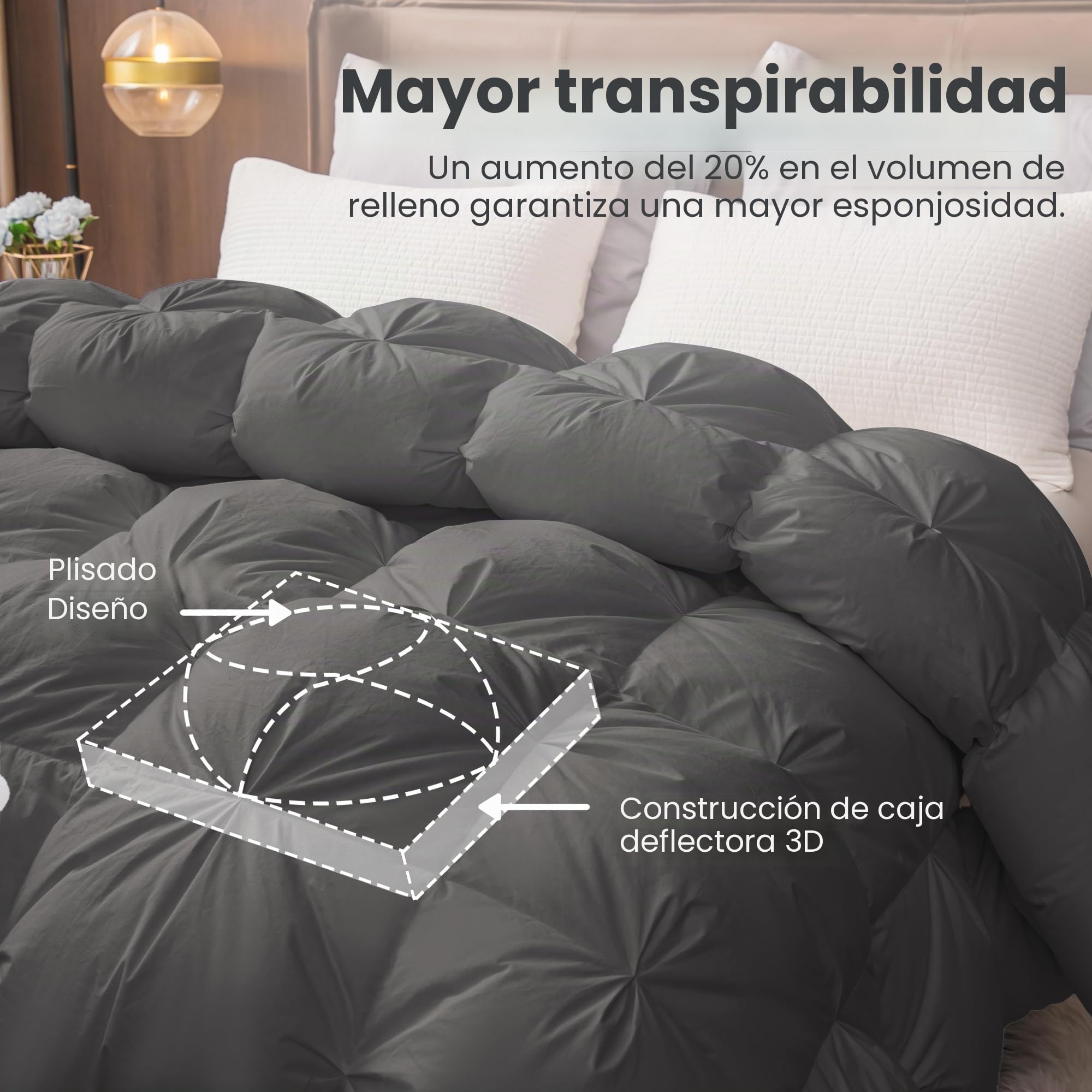 Deodar Edredón Cama 135/150 | Edredón 220x240 para 2 Personas | Relleno de Plumón de Ganso Blanco y Plumas 420 GR/m² | Funda Nórdica 100% Algodón | Lavable | Öko-Tex y RDS | Gris Oscuro