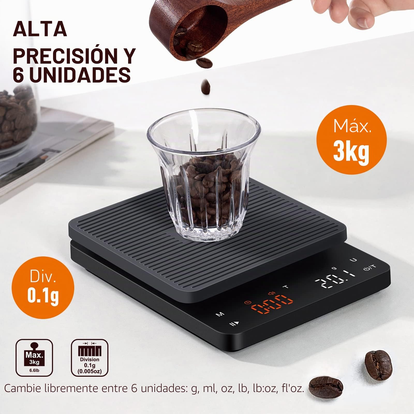 BAGAIL Báscula de Café Digital con Temporizador, 0.1 g de Alta Precisión, Báscula de Espresso por Goteo con Tara Automática, Sensor Táctil y Cubierta de Silicona, Peso Máximo 3kg, Negro Mate