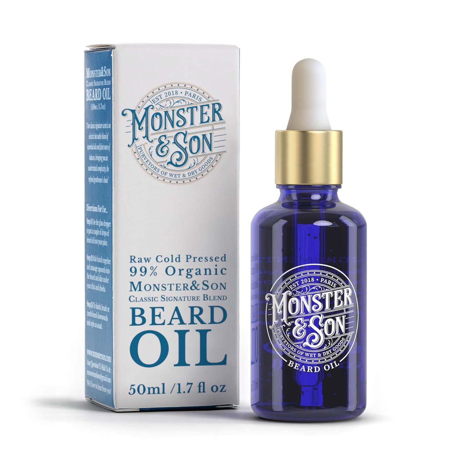 Monster&Son Classic Signature Blend Raw Cold Pressed Organic Beard Oil 1.7oz – Helps to Hydrate, Style and Promote New Hair Growth – Rich in Vitamins & Minerals – Jojoba, Argan & Meadowfoam Oils
