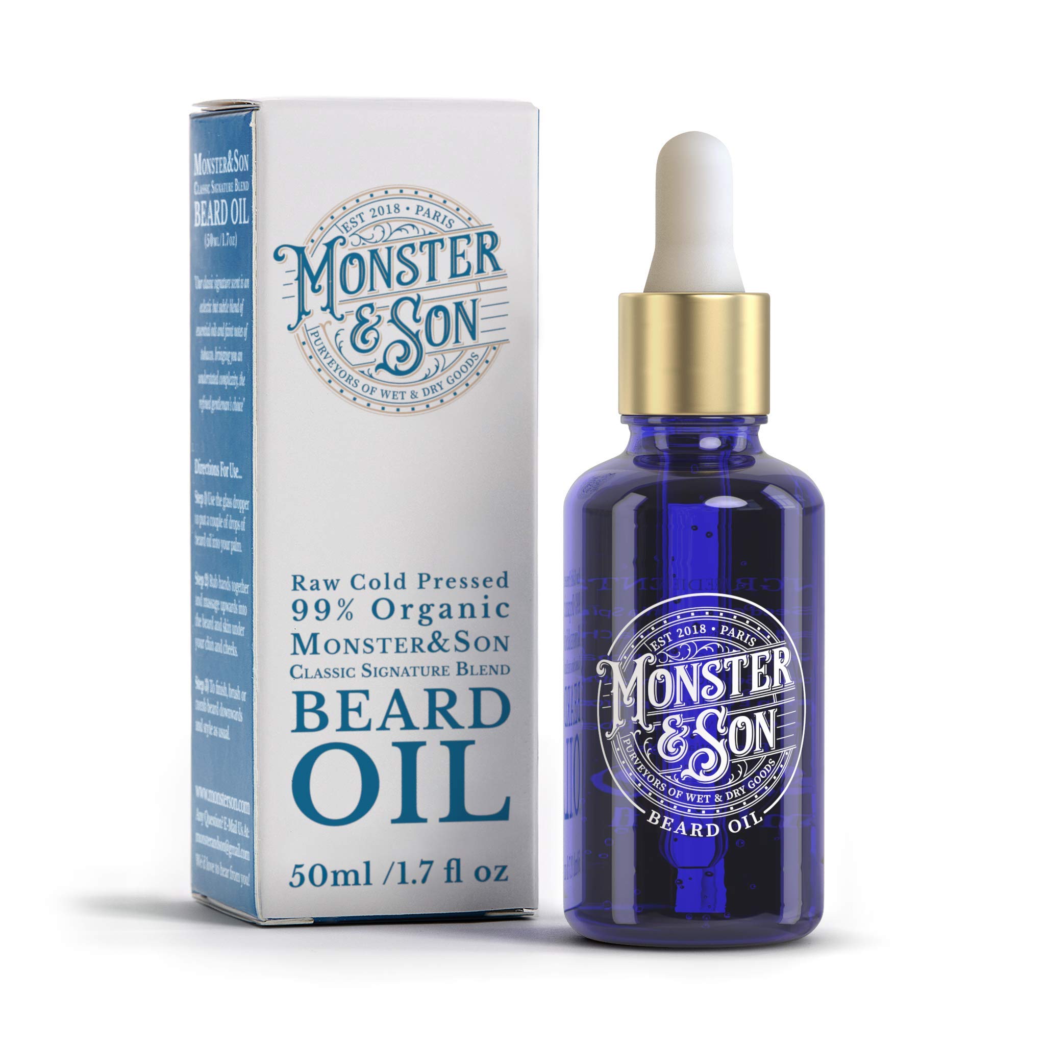 Monster&Son Classic Signature Blend Raw Cold Pressed Organic Beard Oil 1.7oz - Helps to Hydrate, Style and Promote New Hair Growth - Rich in Vitamins