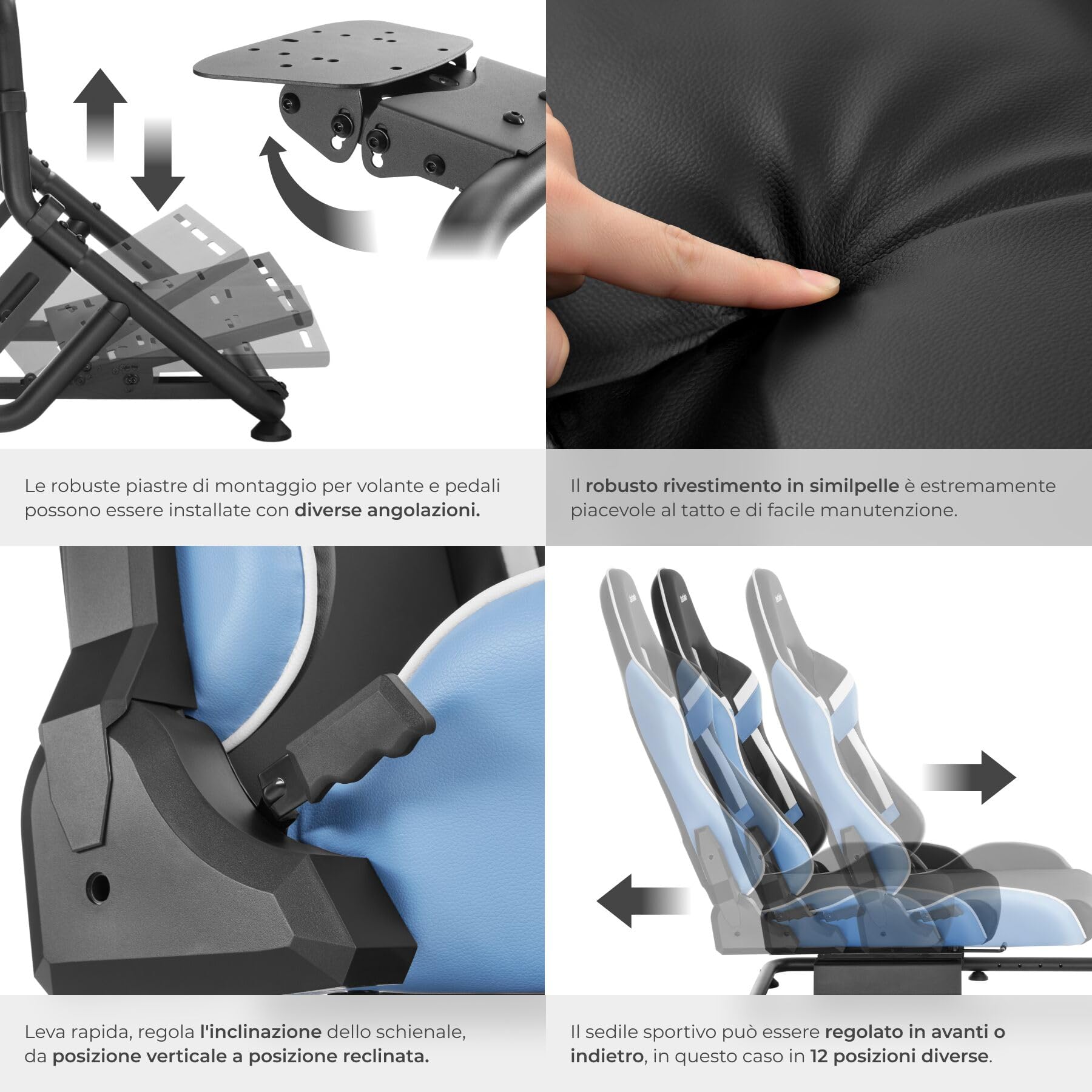 tectake® Sedia Gaming, Postazione Corsa Racing GT, Gaming Chair per Simulatore di Guida, adatto a vari Brand di Volante PC e Console, Seduta regolabile, cockpit sim racing in acciaio, Nero/Azzurro