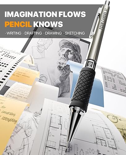 Miniatura 7 de Four Candies Juego de lápices mecánicos de metal, 6 lápices mecánicos artísticos de 0.028 in, 360 repuestos de plomo HB, 3 borradores y 9 repuestos