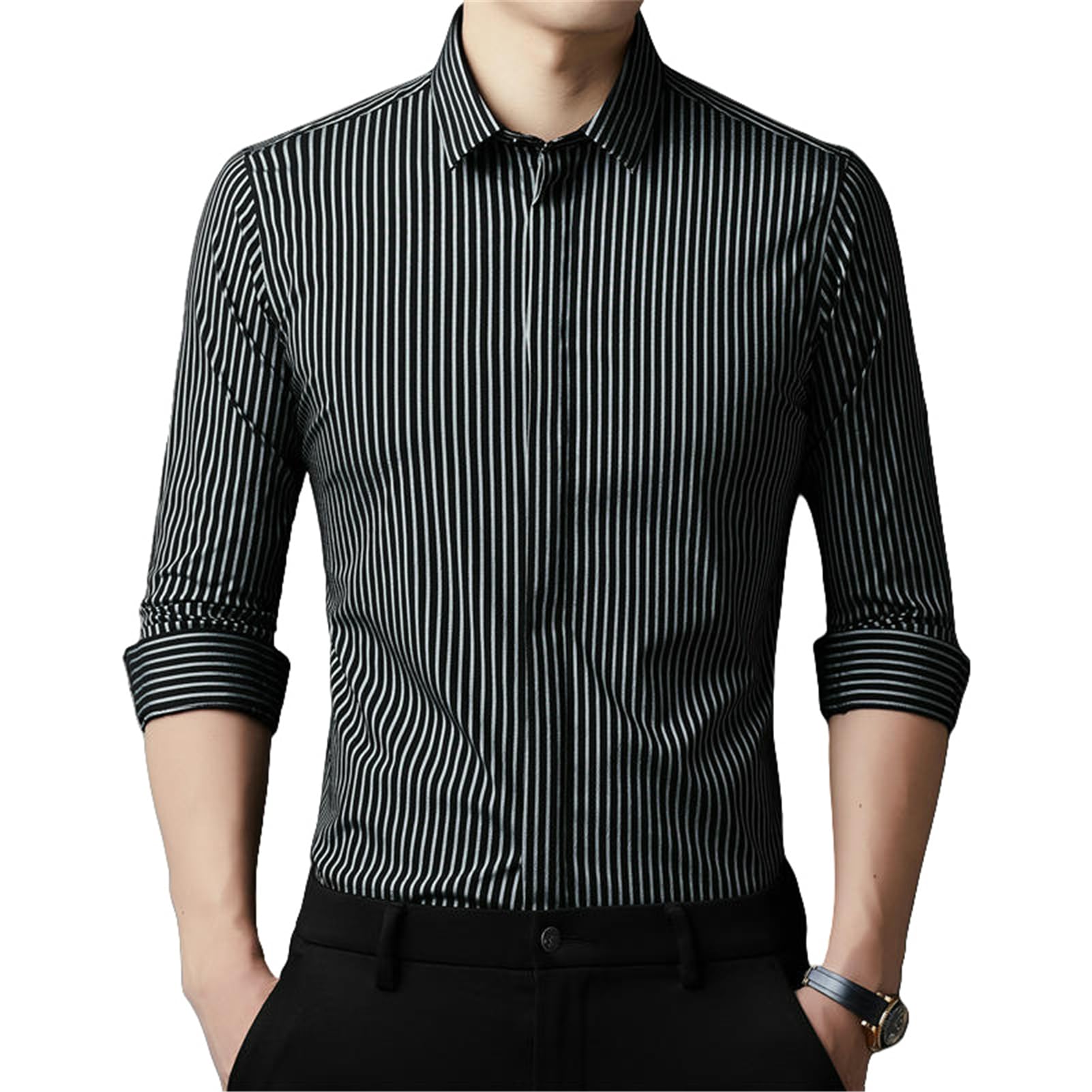 Camisa de manga larga para hombre, estilo coreano, a rayas, para primavera