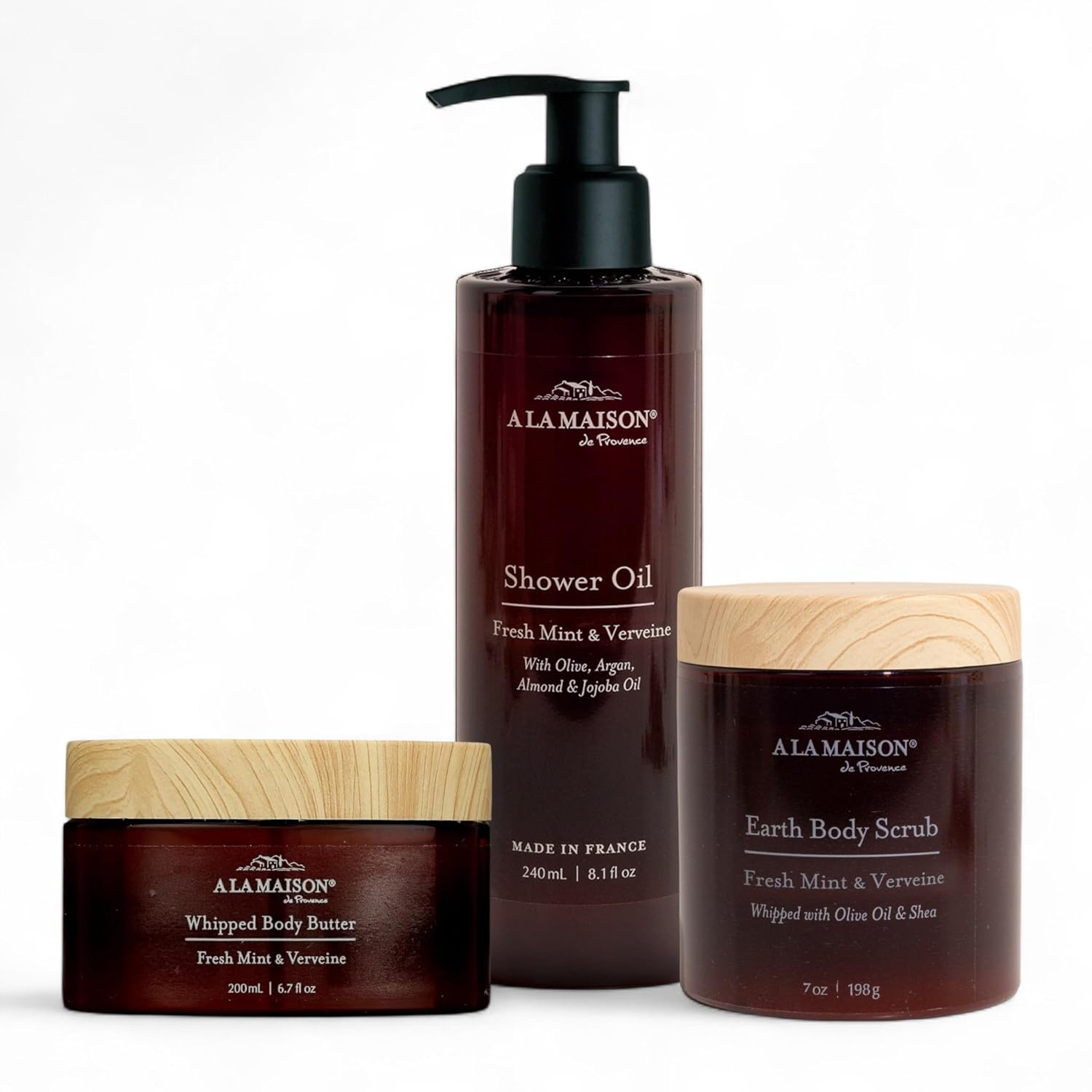 A La Maison Amber Collection Starter Kit - Shower Oil + Body Scrub + Body Butter Fresh Mint & Verveine – Gently Exfoliates & Softens Skin – French Formula, Plant-Based