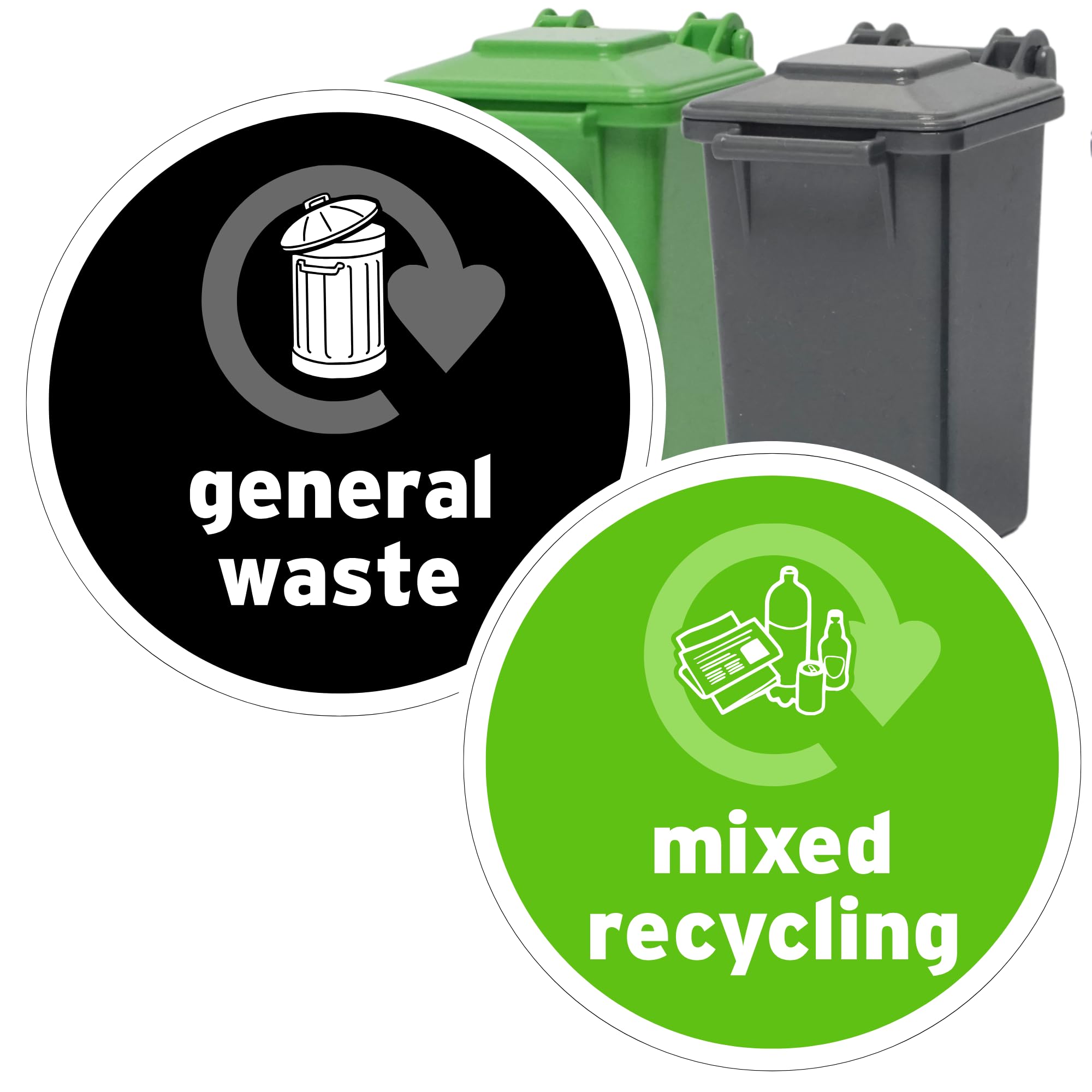 Print Kings Recycling Bin Stickers signs for Bins 12x pack - 2 Design, 100mm x 100mm, Self-Adhesive Vinyl Stickers, Waterproof Decals, Indoor Outdoor General Waste Signs – Mixed Waste, Made in UK.