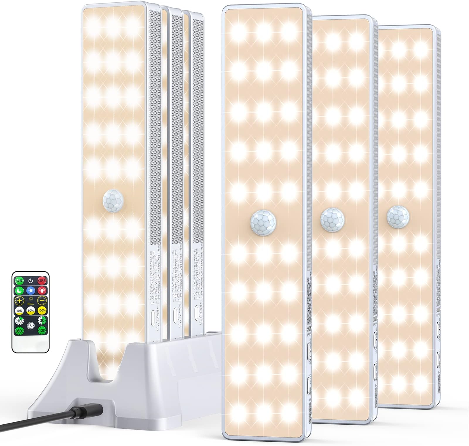 LED Closet Light with Charging Station, 6 Pcs 30LEDs Rechargeable Motion Sensor Under Cabinet Lighting, Stick-Anywhere Night Safe Light Bar for Wardrobe,Kitchen-Warm White