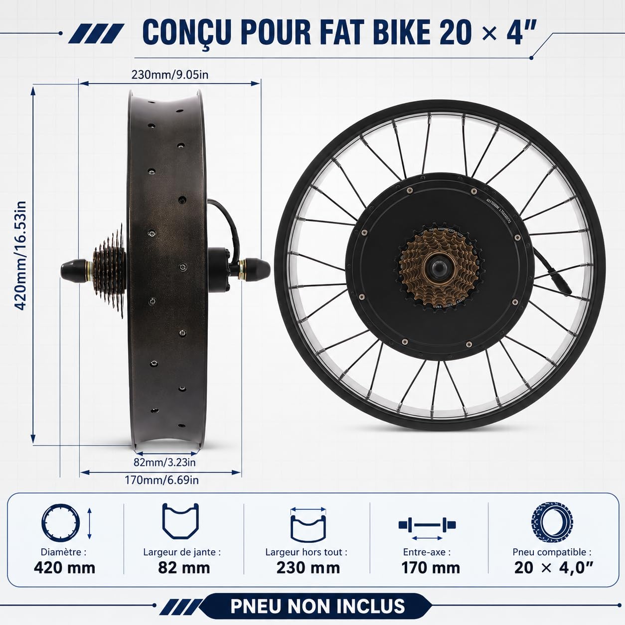 Kit de conversion pour vélo électrique 1500 W, kit de vélo électrique 20 pouces avec contrôleur, écran LCD et poignée, kit de conversion pour roue arrière de vélo électrique 520 tr/min