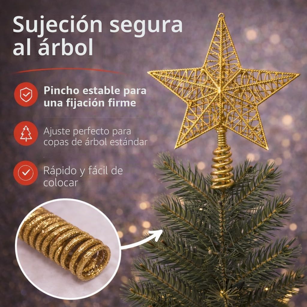 Estrella Dorado en la Copa del árbol - Accesorio de la Copa del árbol de Navidad para el Abeto, la Copa del Abeto del árbol de Navidad
