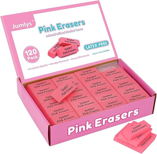 Jumlys Borradores rosados, paquete de 120 borradores a granel para niños, estudiantes, profesores, artistas, sin látex, sin manchas, color rosa