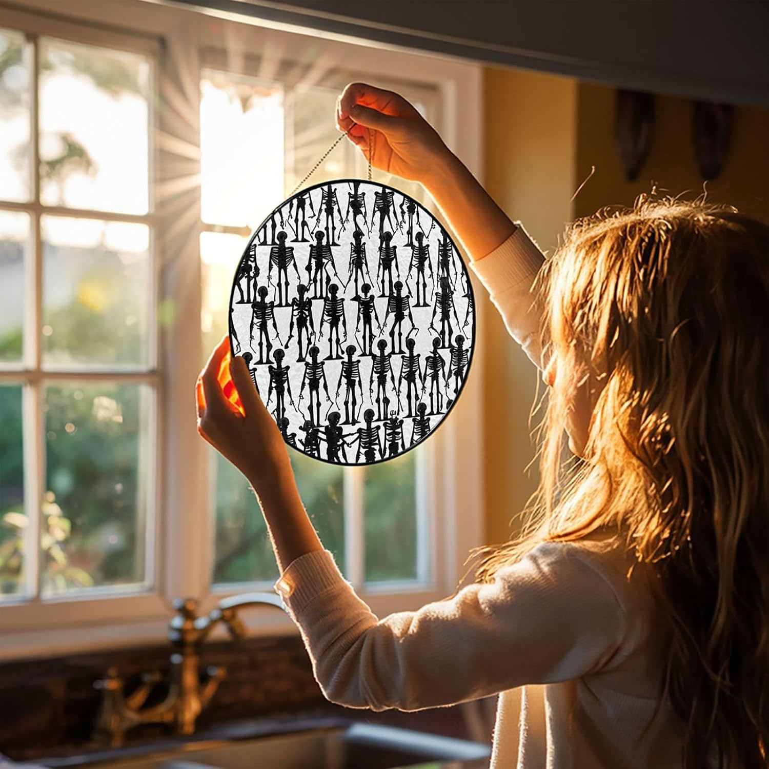 Stained Glass Window Hanging 12in Window Suncatcher Glass Panel with Metal Chain Black Floral Skull Sun Catchers Wall Art Home Decor Gift for Women Mother's Day