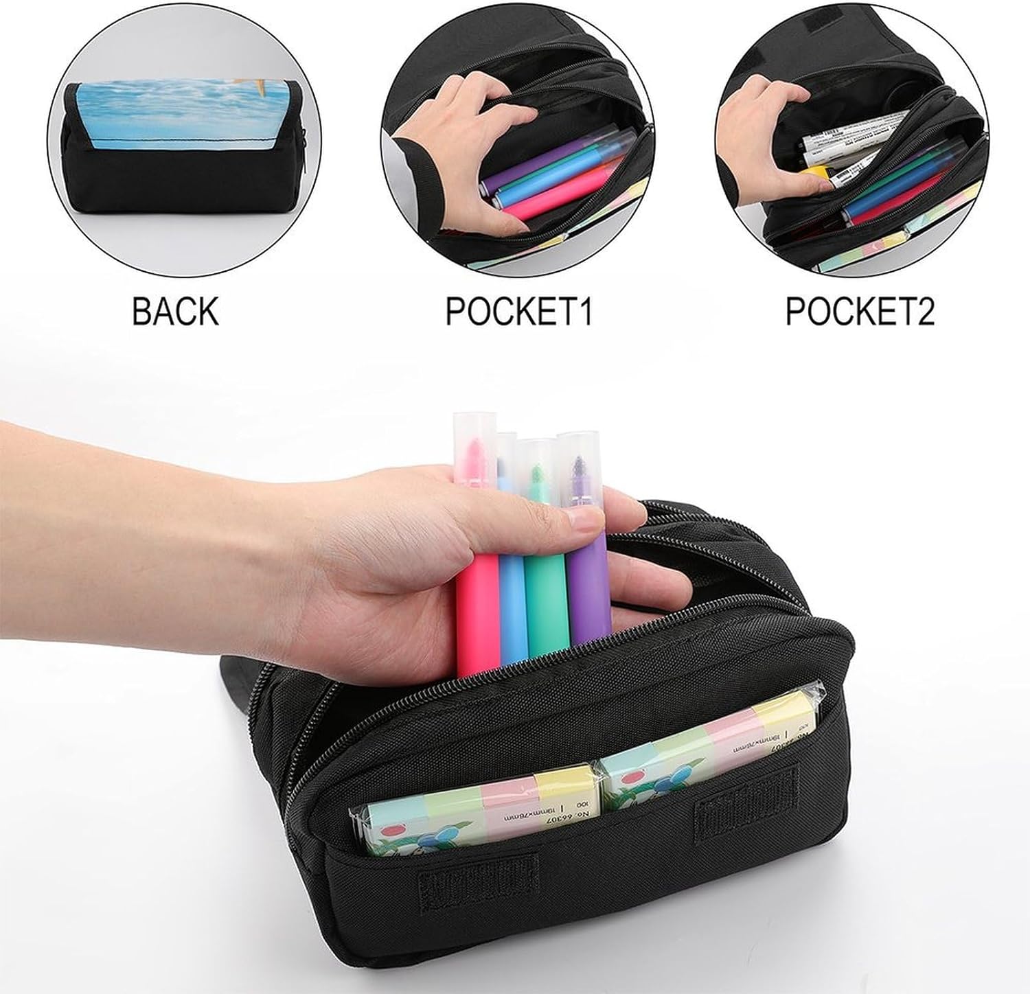 Pencil Case Summer Starfish Large Capacity Pencil Case Double Zipper Storage Bag 2 Compartments Portable Multifunctional Bag Desk Organizer Marker Pen Case