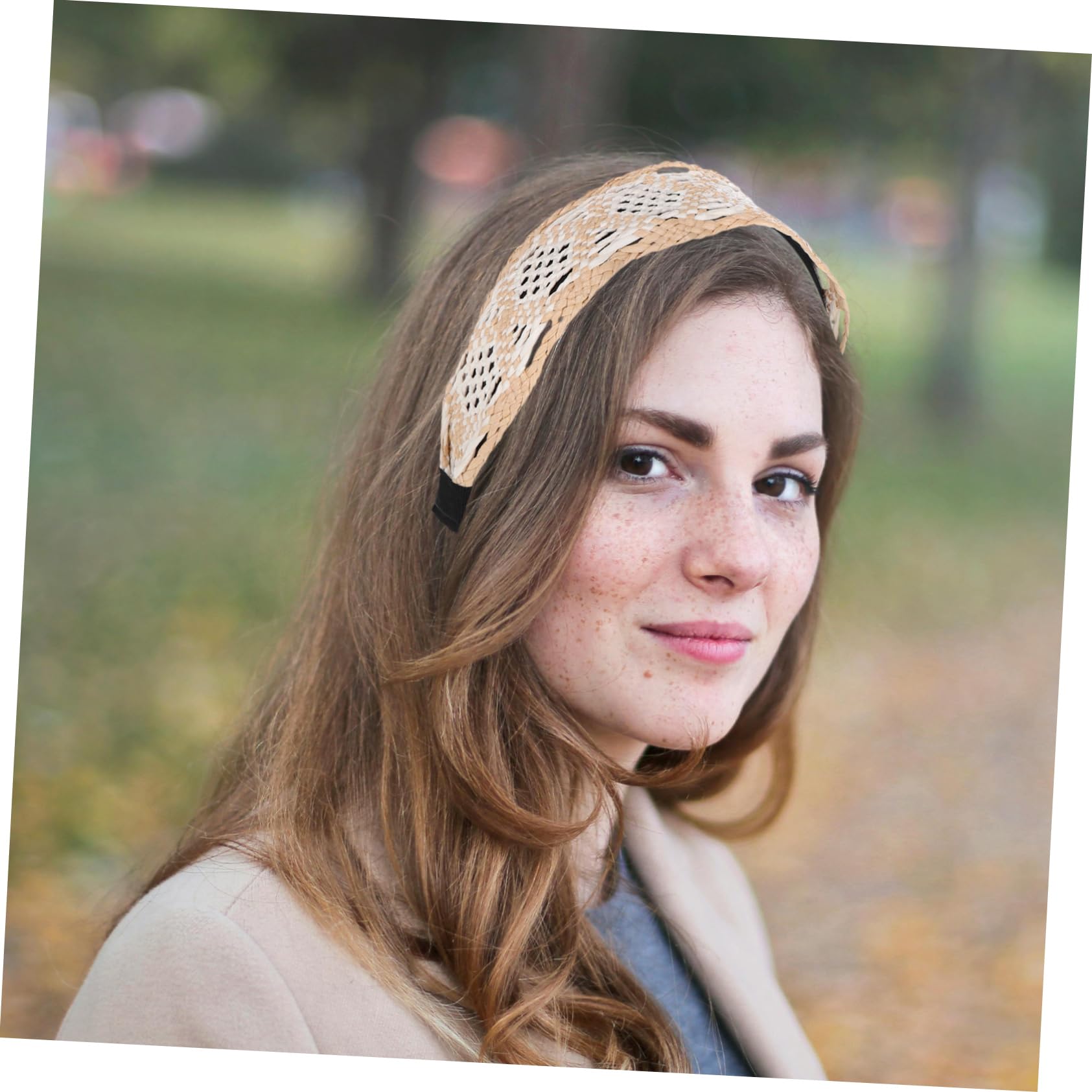 Bandeau Large Bohème en Raphia pour Femmes, Beige Vintage