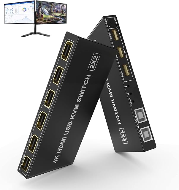 Dual Monitor HDMI KVM Switch 2 Port, UHD 4K@60Hz Extended Display USB KVM Switch HDMI 2 in 2 Out with USB 2.0 Hub and Audio Output, PC Monitor Keyboard Mouse Switch with USB Cables x2 and Controller